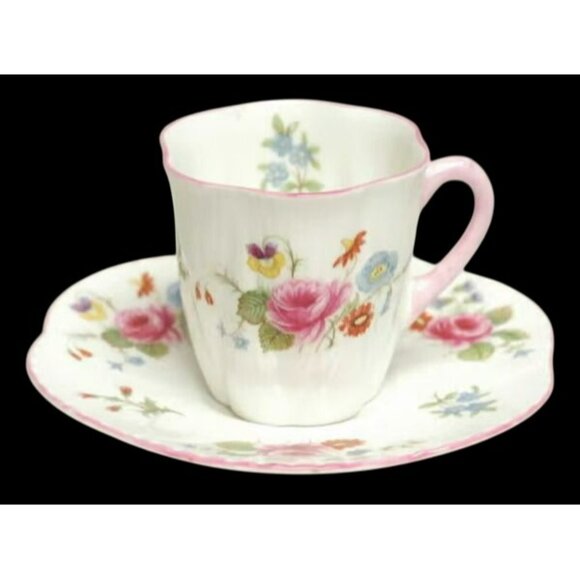 Shelley Flat Demitasse Cup & Saucer Set Rose & Red Daisy (Dainty) England Bone C - Picture 11 of 11